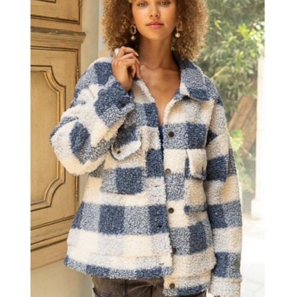 Pol oversized blue plaid Sherpa jacket / Shacket Large NEW - Picture 1 of 5